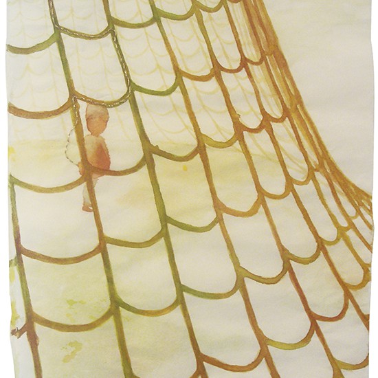 糸を泥棒　felch a thread　2007　water color, pen, thread on paper　48.4 x 33.8 cm