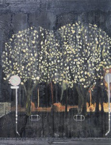 木と木と夜　tree tree night　2008　Oil, acrylic, dyed mud pigment and pencil on cotton, panel　33.8 x 26.3 cm