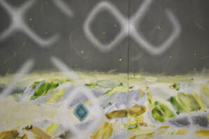 “Between Flickers (detail)”, Oil and Acrylic on cotton on panel, 1620x5600mm, 2022-2023