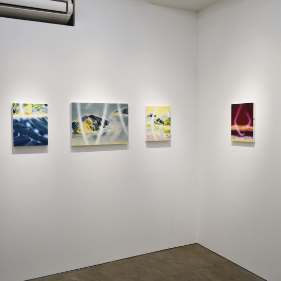 from left to right: river / flickers nv05, 2025, boat / flickers, 2024-25, あらわれの山 / flickers cream yellow, 2025, flickers almandine red, 2025.